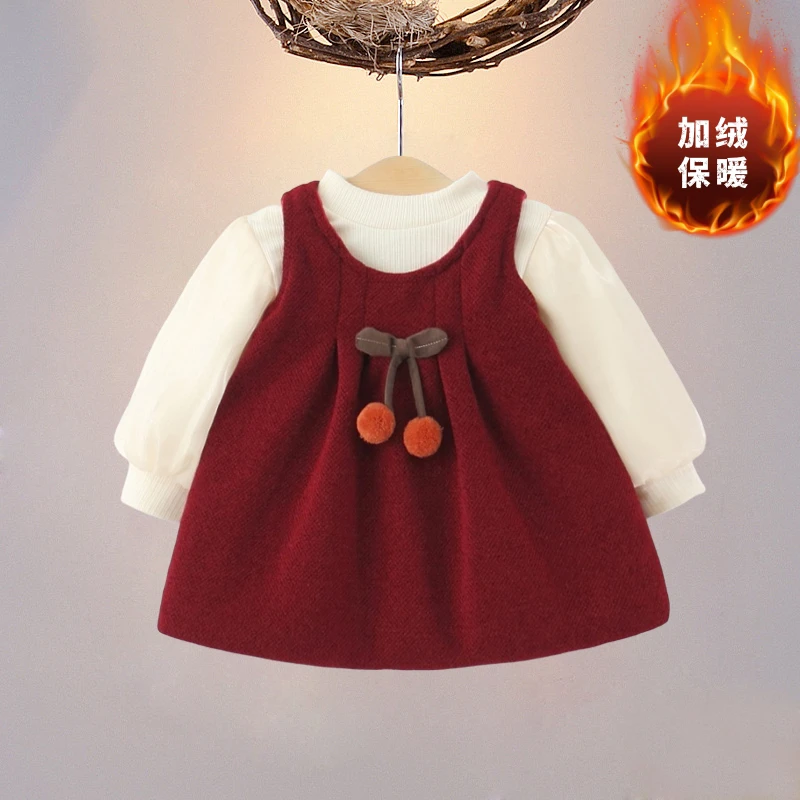 女童秋冬季加绒连衣裙婴儿可爱0一4岁小宝宝冬装厚款保暖两件套装