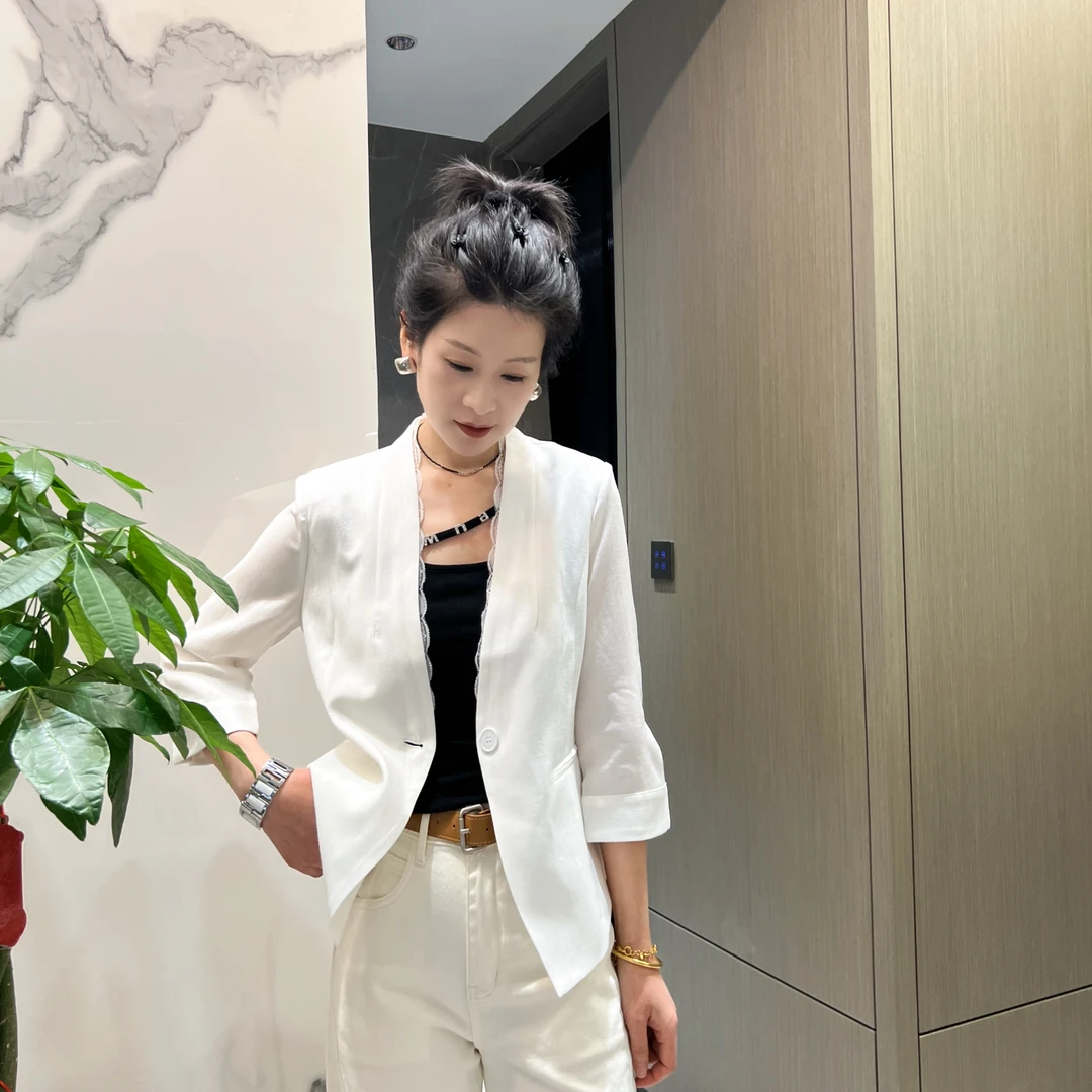 女人阁（外套835）欧版拼接蕾丝棉麻七分袖气质休闲时尚百搭外套