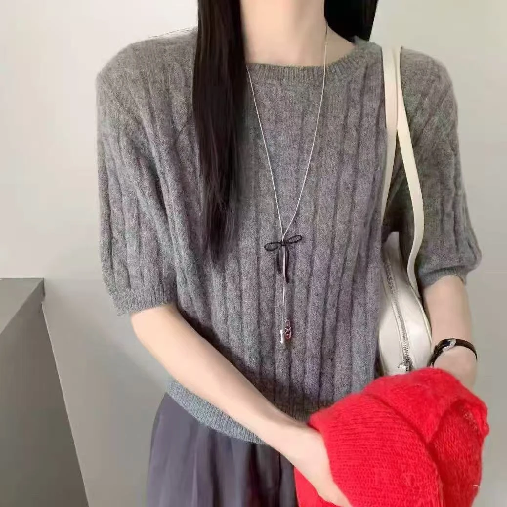 【立体麻花短袖】纯色立体麻花针织短袖T恤秋季软糯气质上衣1895