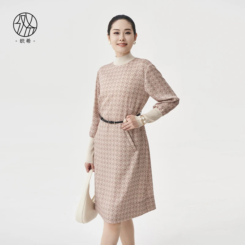 织希 TESSITI｜春夏新款时尚休闲通勤针梭结合拼接连衣裙