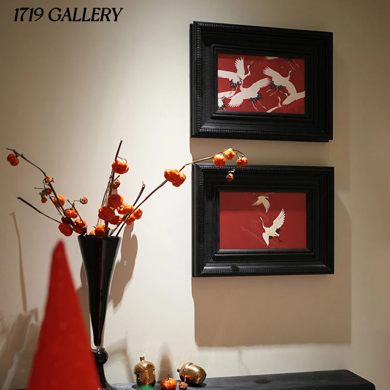新中式客厅仙鹤国画法式中古风红色玄关装饰画餐厅画