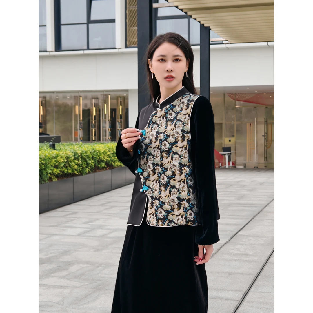 麒麟牡丹| 新中式国风宋锦精致盘扣琵琶襟高级气质马甲马夹中国风