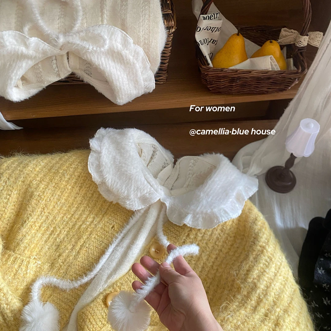 毛绒绒毛球娃娃领打底小衫女冬季加厚温暖甜美温柔杏色上衣