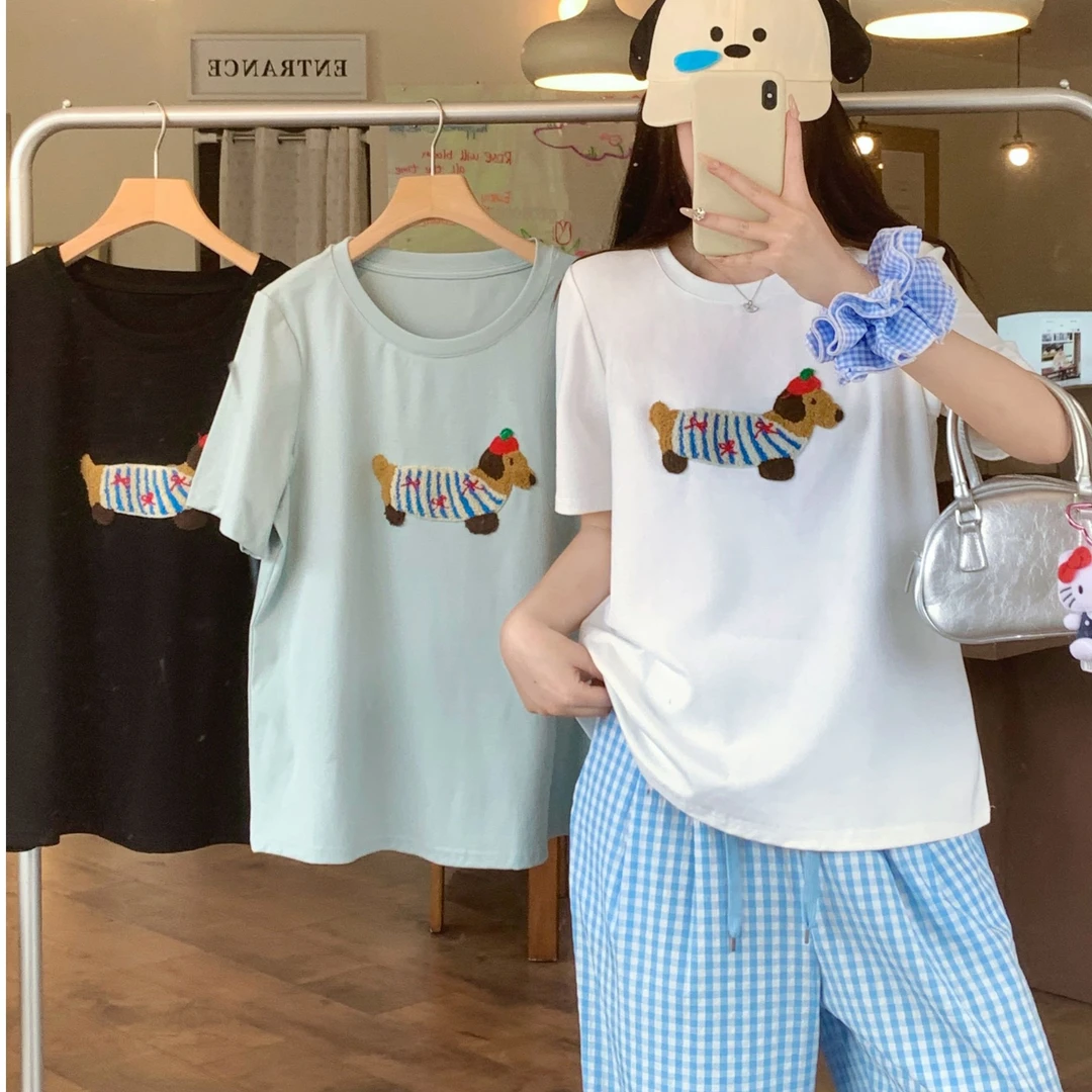 大码女装新款腊肠狗狗绣花短袖上衣圆领T恤3135