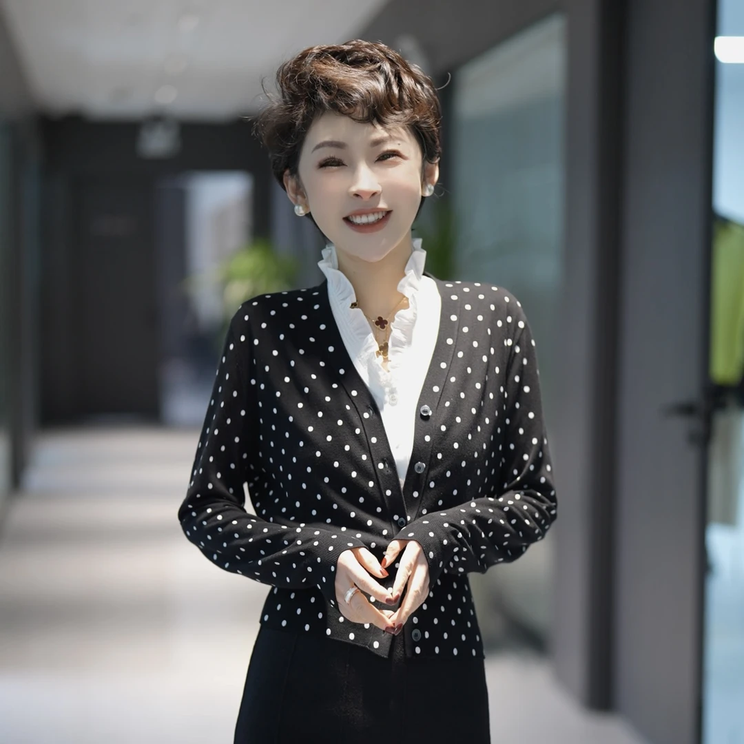 MINGGANG/名港茶歇风长袖波点气质时尚百搭圆点针织开衫女MG8023