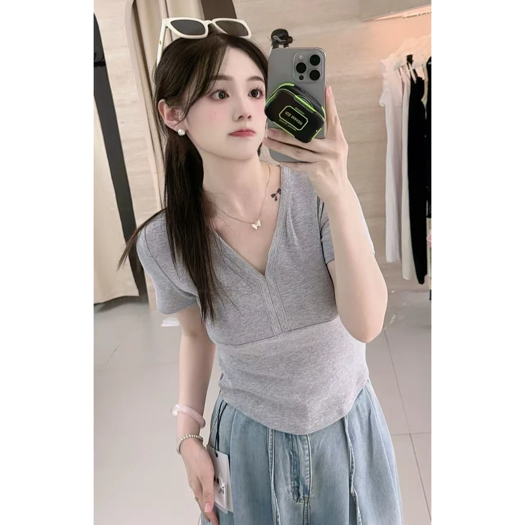 9037气质V领短袖T恤