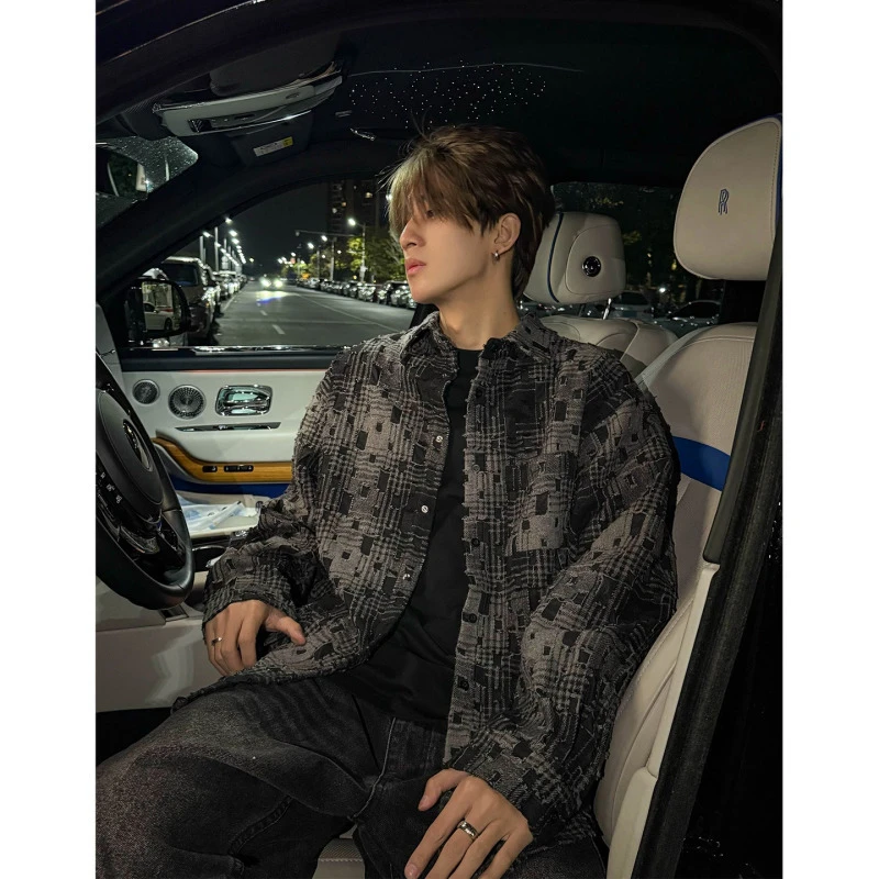 美式镂空棋盘格设计感衬衫春季流苏拼接撞色宽松情侣衬衣外套