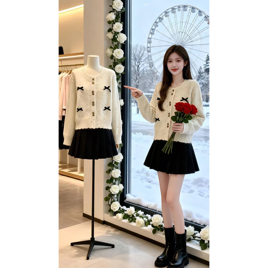 韩系搭配一整套2025秋冬小香风时尚女韩秋冬双层荷叶边针织衫