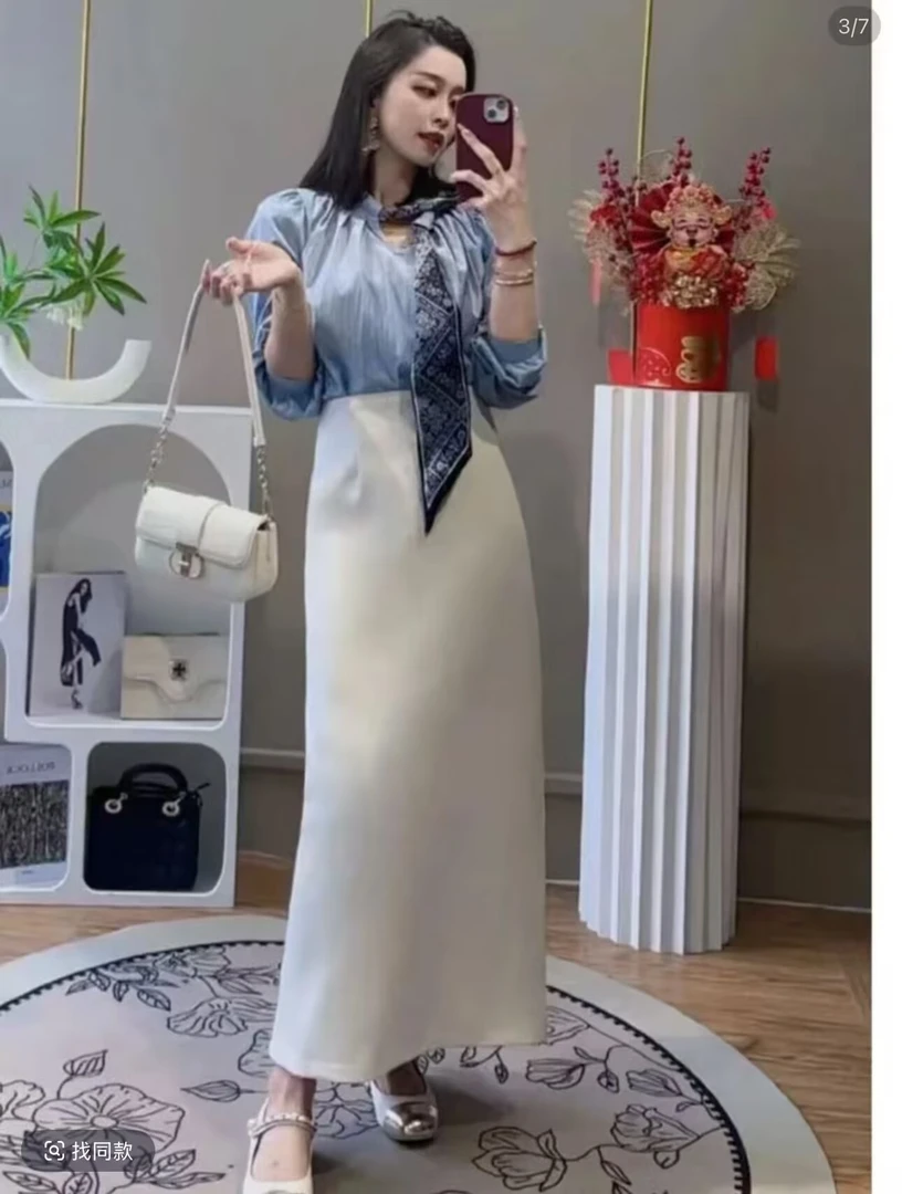 【三个裙长】夏季高腰显瘦时尚气质百搭轻奢A字修身法式开叉中长裙