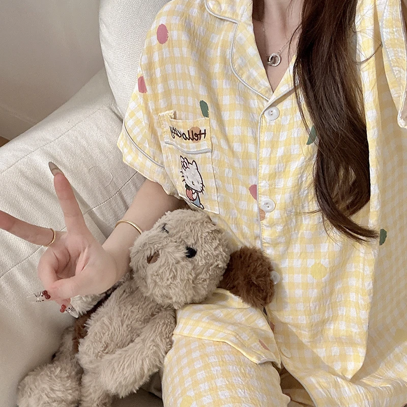 粘粘球kitty三件套ins睡衣女夏款款泡泡棉短袖长裤学生卡通家居服