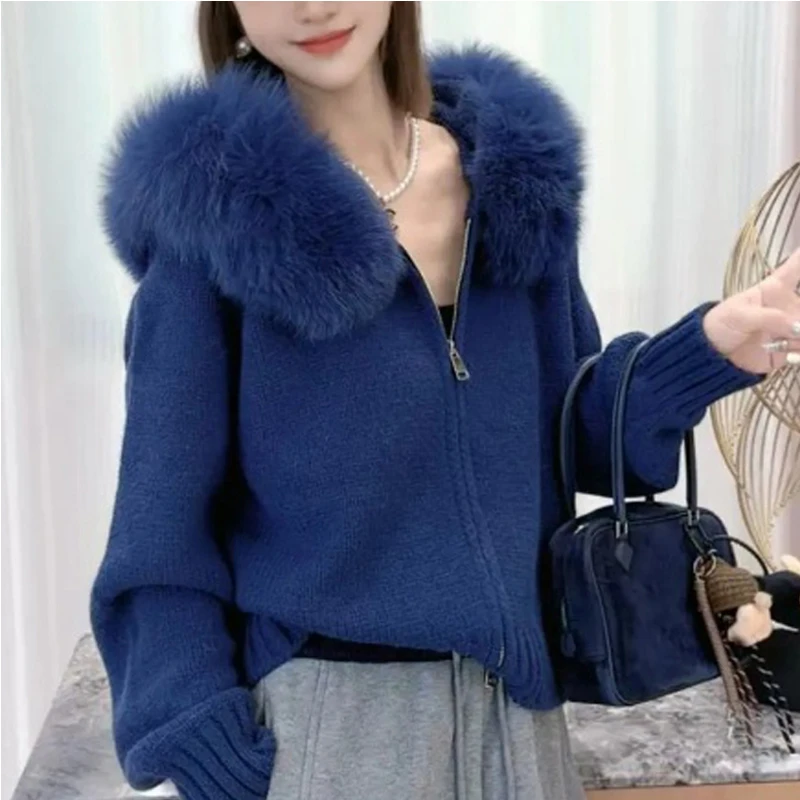 时尚百搭大毛领外套女2025冬新款气质休闲宽松高级感纯色针织开衫