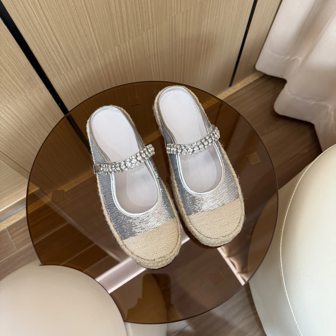 AMOAF夏季新款麻绳编织亮片网红百搭仙女风包头拖鞋AF25-189半拖