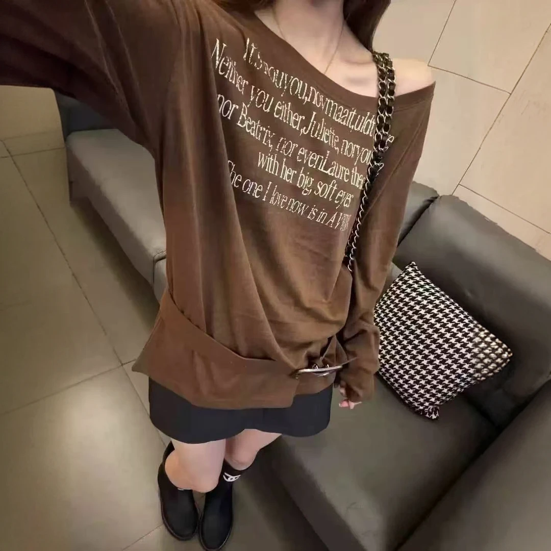 2025早秋新款韩版宽松显瘦百搭斜肩字母印花T恤女显瘦上衣