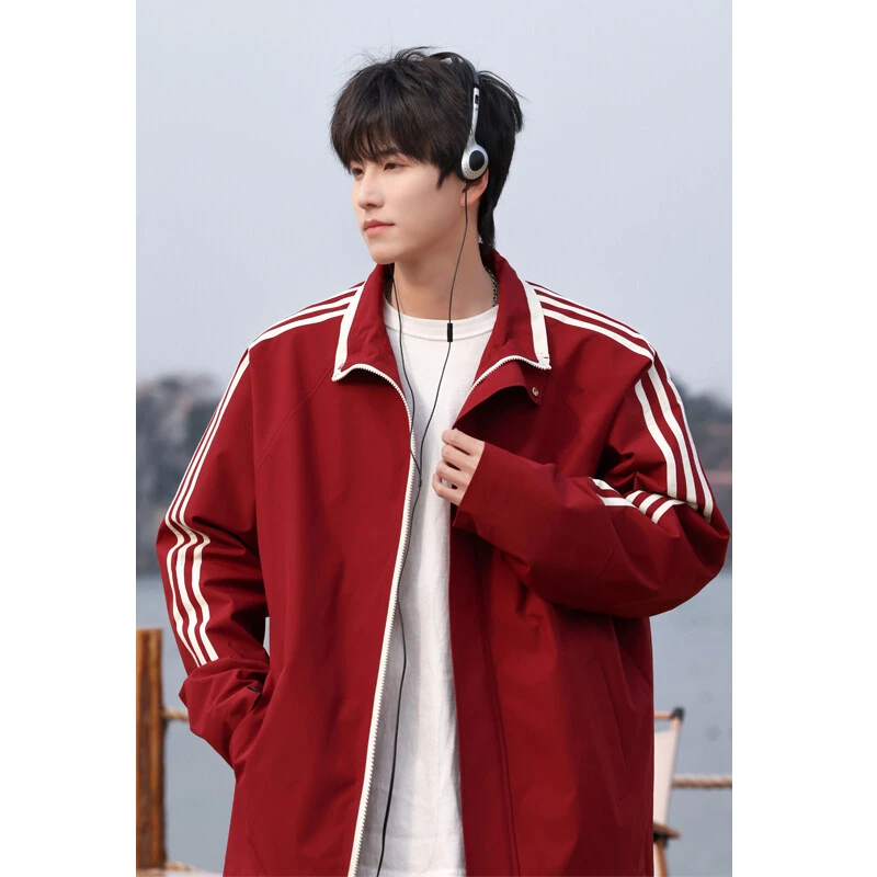 潮牌美式复古翻领夹克男士秋季新款宽松休闲运动条纹织带薄款外套