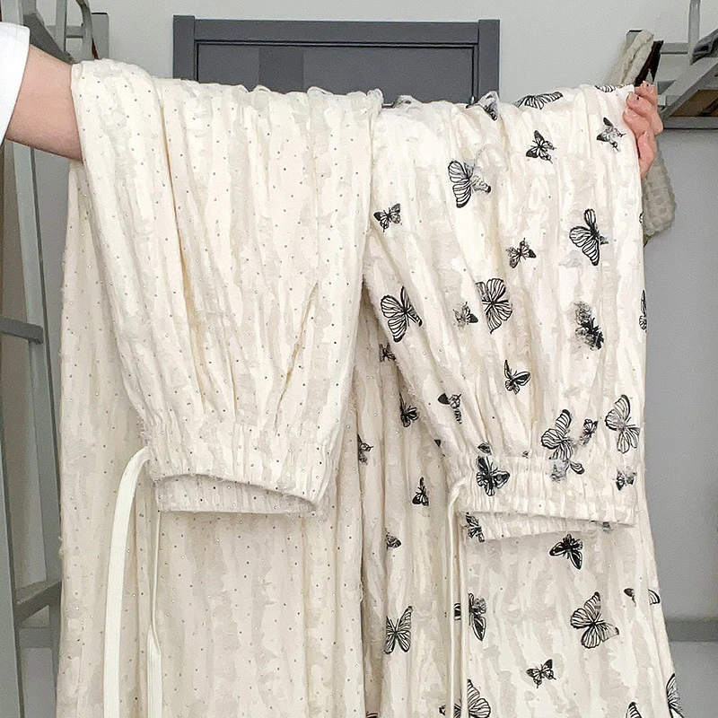 白色蝴蝶破洞山本裤女高腰垂感休闲带钻小个子破洞夏季阔腿裤薄款