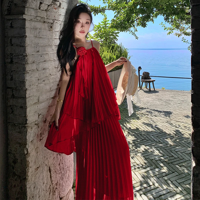 海边度假长裙法式超仙吊带上衣百褶半身裙两件套连衣裙BB19