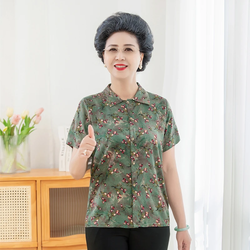 奶奶夏季印花短袖棉绸衬衫女老年妈妈夏天翻领休闲小衫老太太衣服