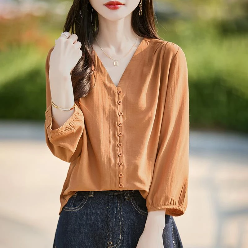 杜拉妮夏法式V领七分袖衬衣女小众时尚气质半袖小衫上衣宽松防晒