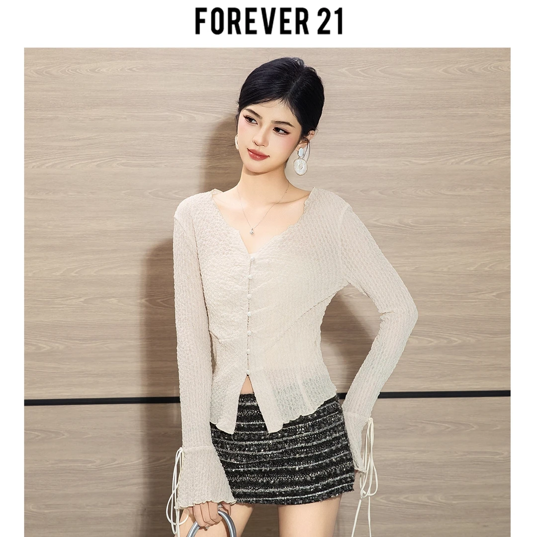 Forever 21法式杏色V领长袖T恤女秋设计感喇叭袖系带显瘦百搭上衣