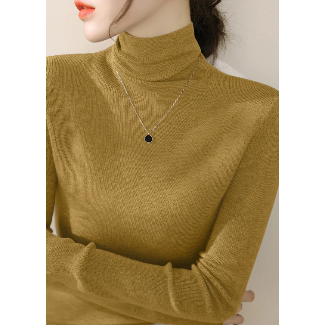 新款高级感套头百搭修身打底上衣时尚秋季堆堆领长袖针织衫女装