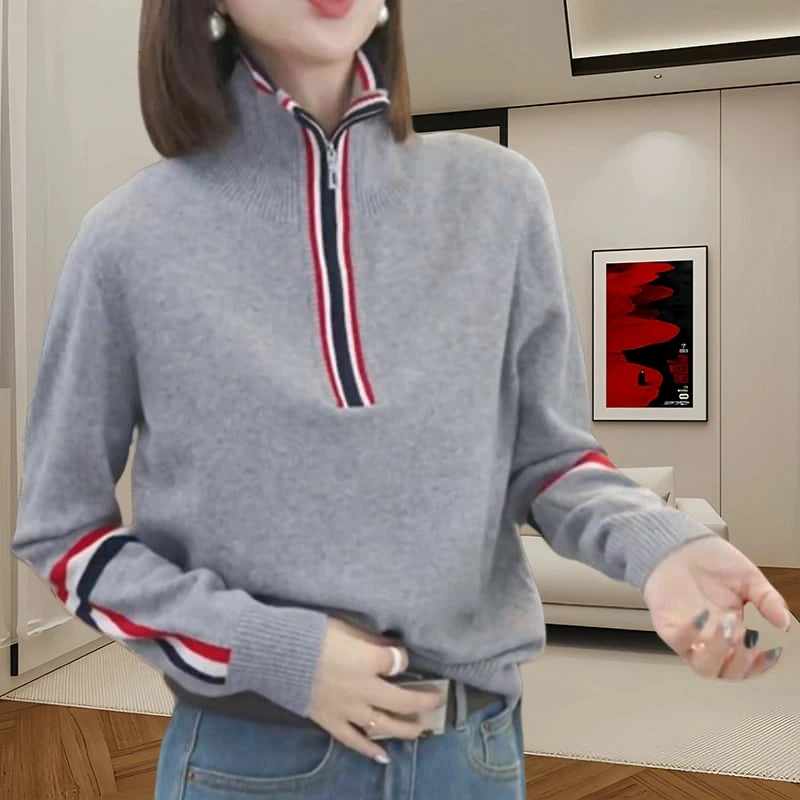 拼色长袖针织衫女士新款立领半拉链设计毛衣高端显瘦减龄上衣