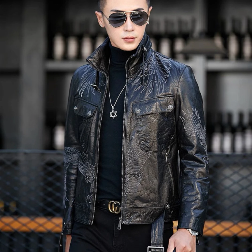 秋冬新款海宁皮衣男刺绣真皮头层牛皮夹克修身立领机车短款外套潮