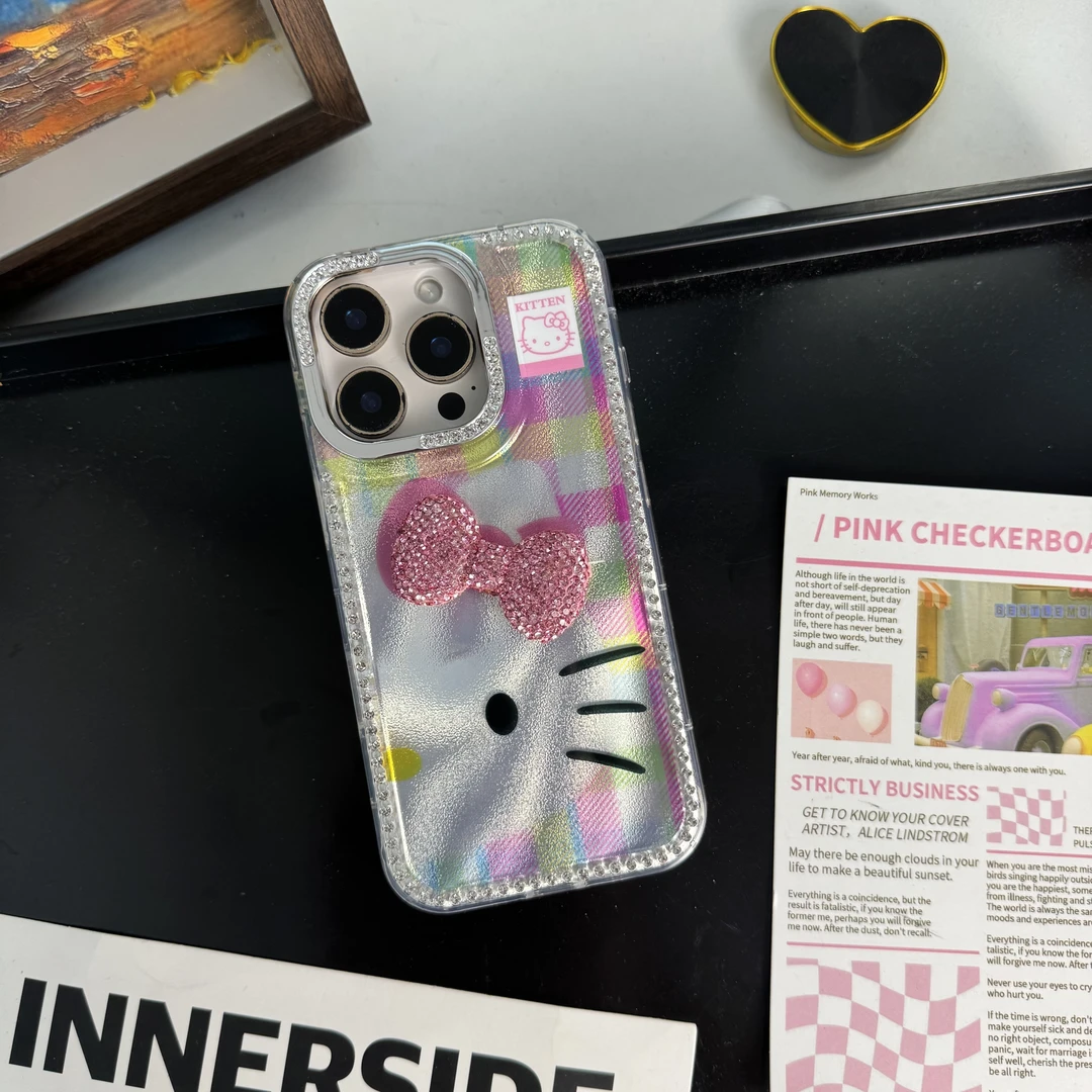 INS羽纱边钻KT猫适用于iPhone15满钻蝴蝶结16pro防摔16promax壳