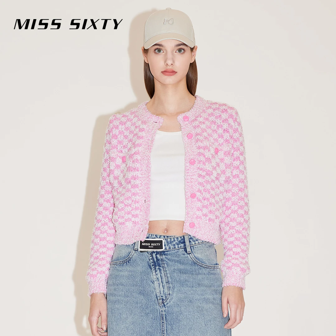 Miss Sixty春季新款毛织外套女圆领纽扣复古格纹开衫温柔简约