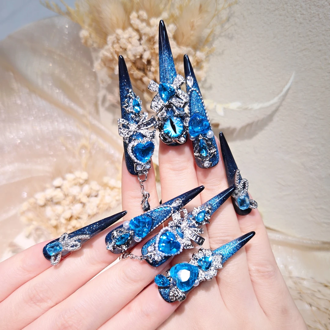 彼岸 纯手工原创蓝色猫眼轻奢重工可拆卸高级穿戴美甲成品