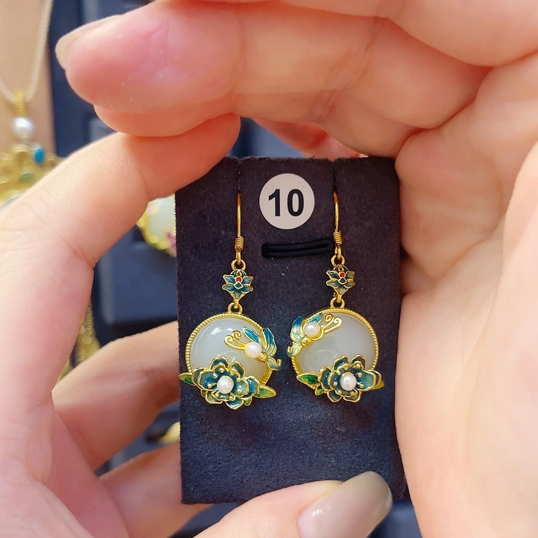 和田玉银S925镀金镶嵌耳饰