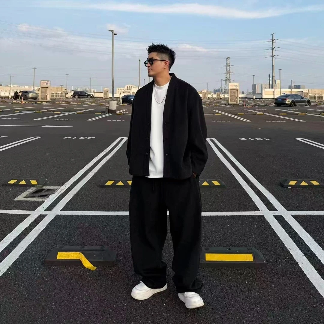 XDZZ二狗秋冬百搭宽松休闲简约廓形毛呢开衫外套长裤套装