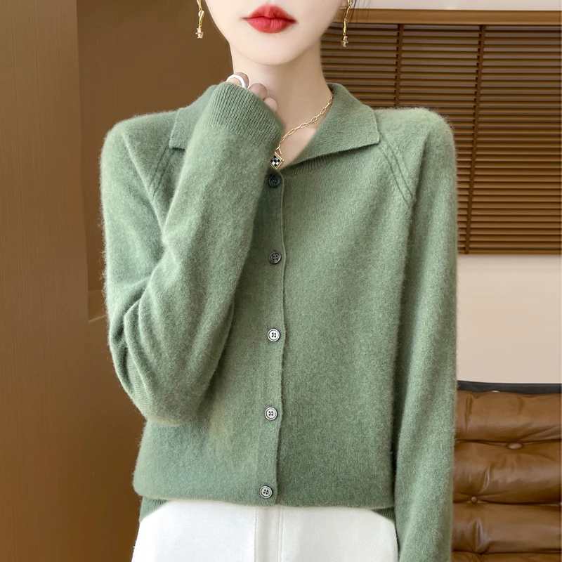 穿搭很抬气~秋冬新款一线成衣翻领提花开衫羊毛衫女抬气质百搭