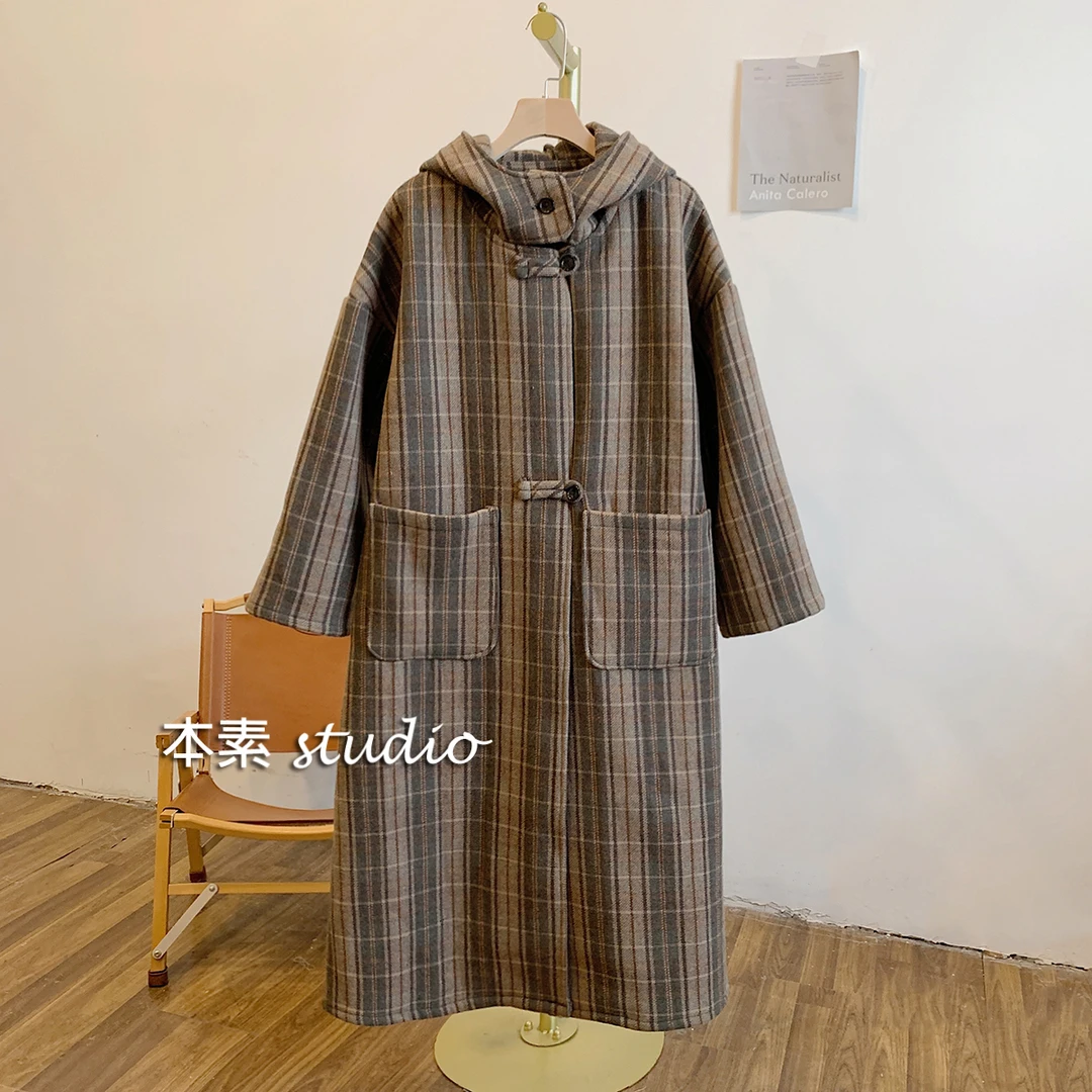 格纹大口袋连帽毛呢外套C2096