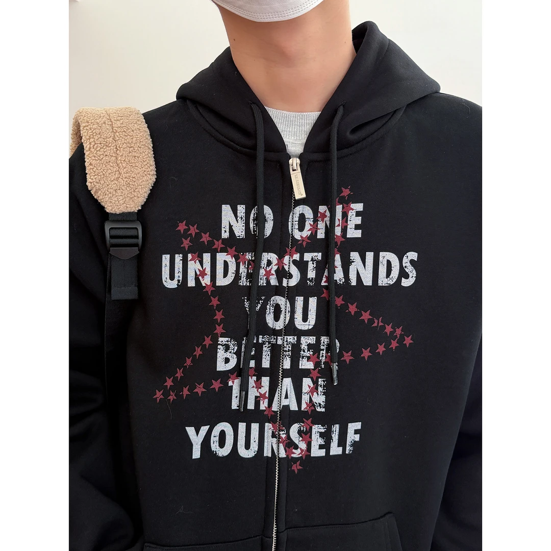 19studio WAYNEPRINCE美式复古字母星星连帽卫衣宽松百搭开衫上衣