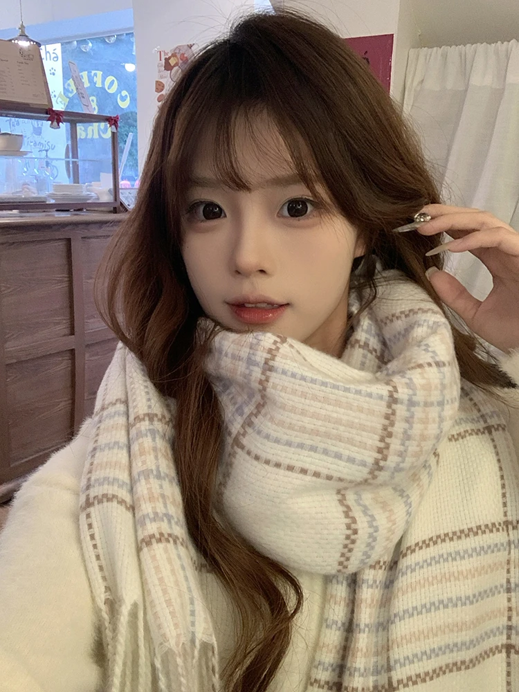 氛围感格纹围巾女冬季韩版ins百搭加厚保暖2025新款针织披肩学生