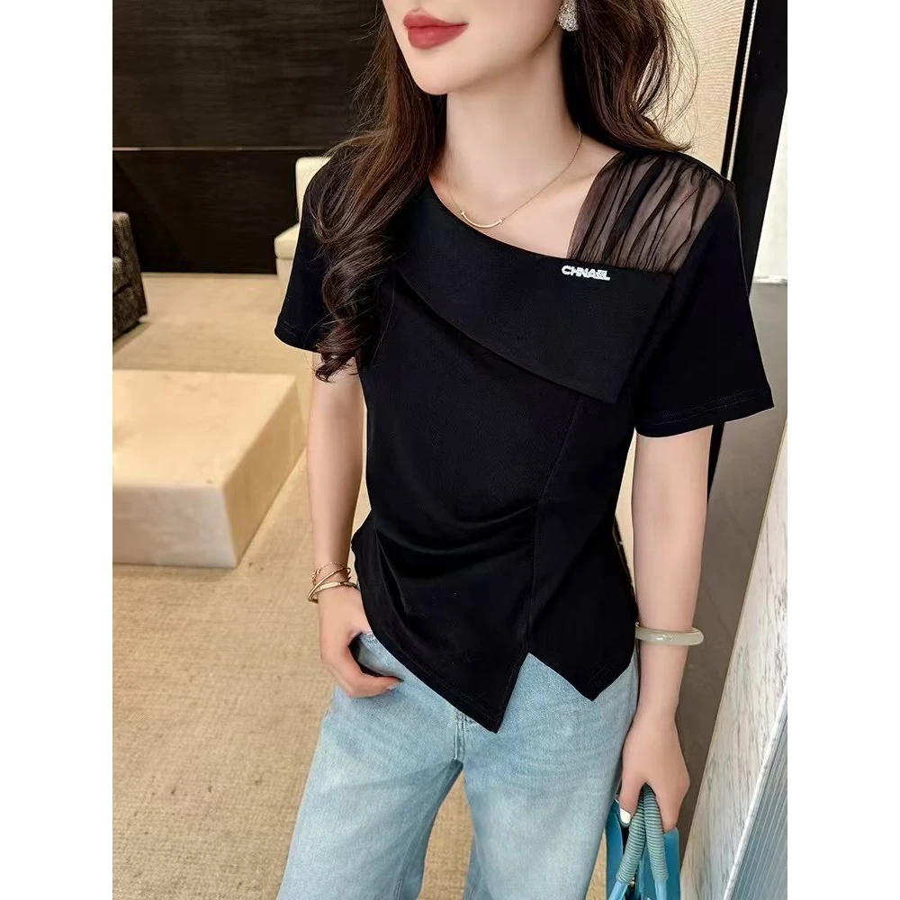 法式不规则拼接T恤半袖