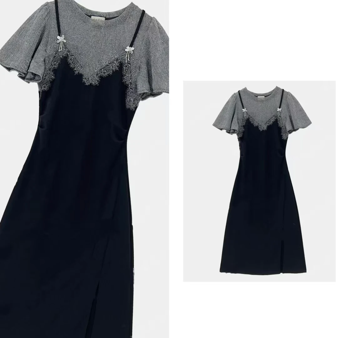 高级设计带钻夏日女装拼接重工假两件显瘦气质连衣裙