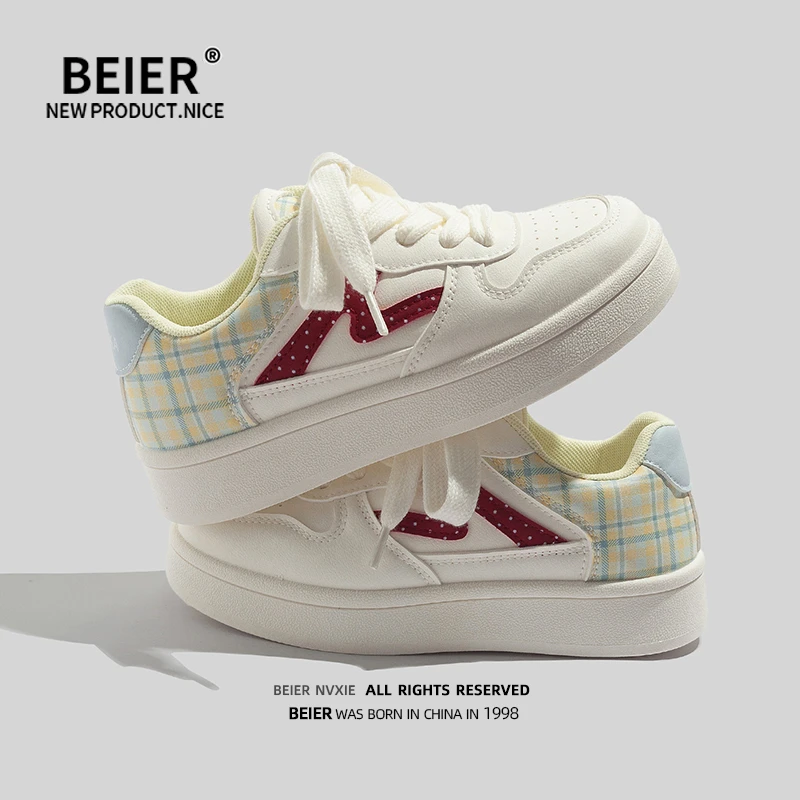BEIER圆头休闲鞋小白女鞋2025秋季新款透气舒适厚底休闲板鞋7120