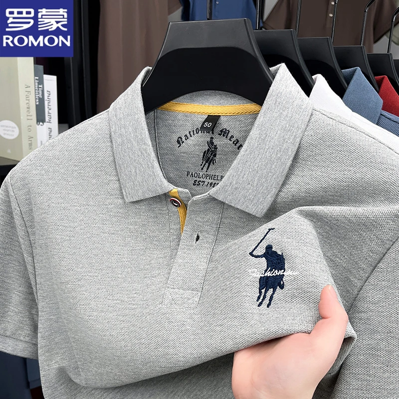 【100%纯棉】罗蒙新款男士polo衫日常百搭精美刺绣中年翻领透气T恤