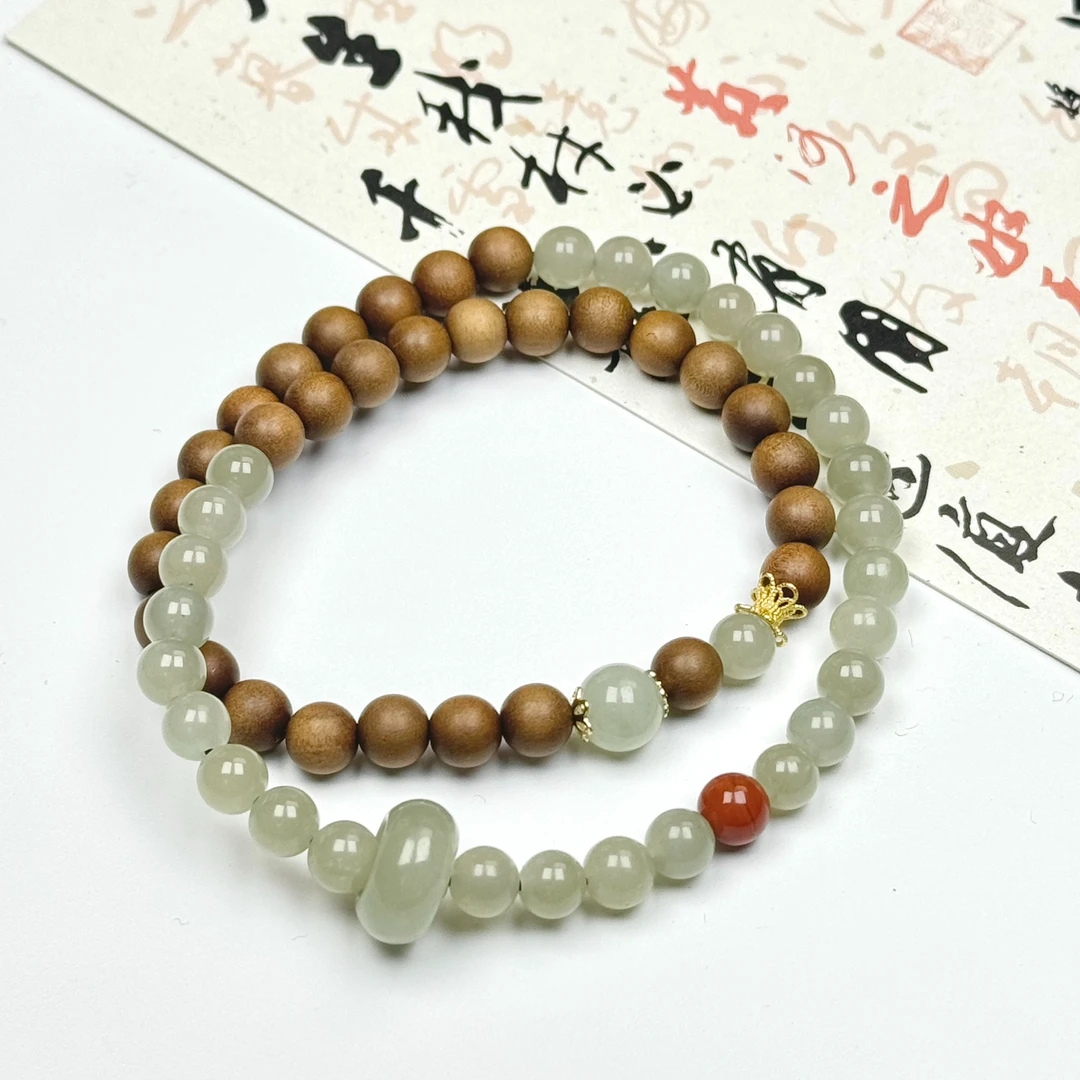 檀香木老山檀香手串黑肉6mm和田玉跑环串珠文玩双圈路路通手串