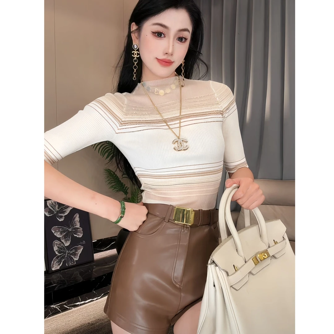 莹莹红人馆时尚气质百搭设计师款条纹打底上衣50870044 307