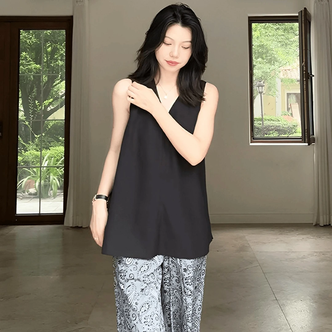 法式黑色亚麻无袖衬衫女2025新款爆款夏季轻奢设计感减龄洋气上衣