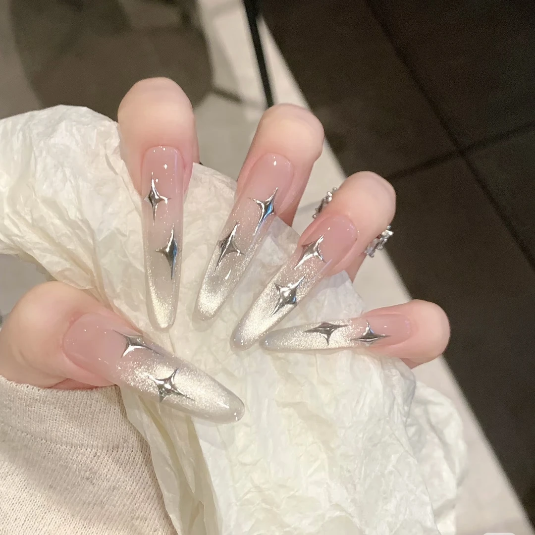 纯欲温柔星芒渐变裸色美甲长款立体猫眼穿戴甲贴时尚显白仙女甲片