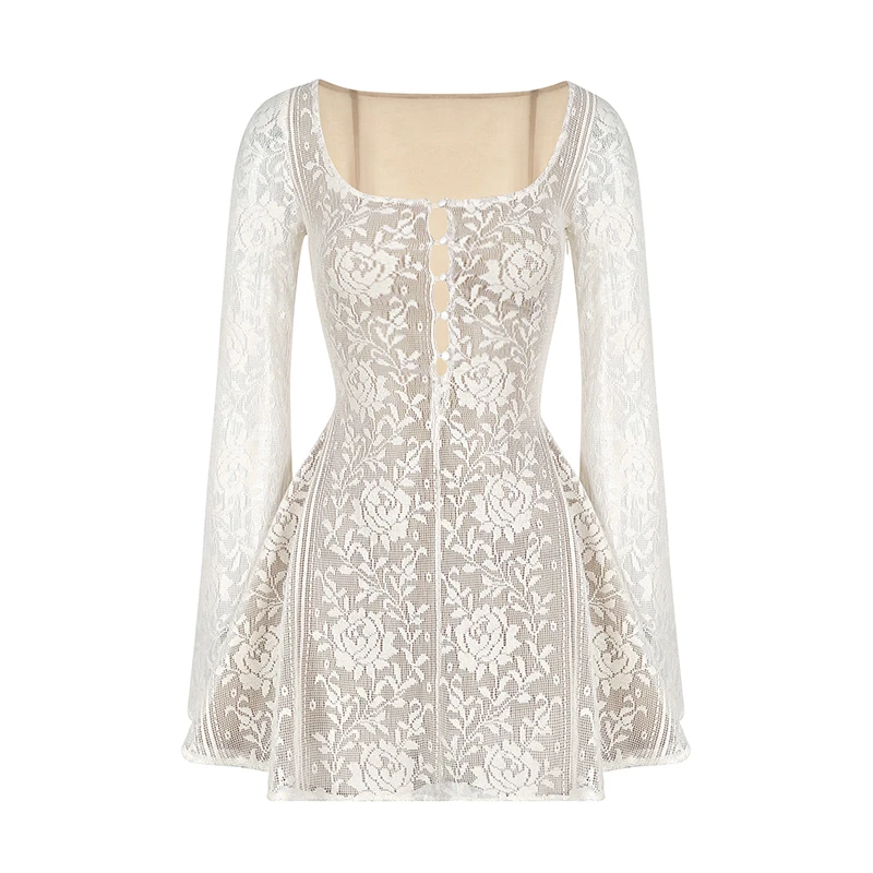 XIAOQ「洛可可情书」方领重工中古花卉喇叭袖镂空环扣A字裙10455