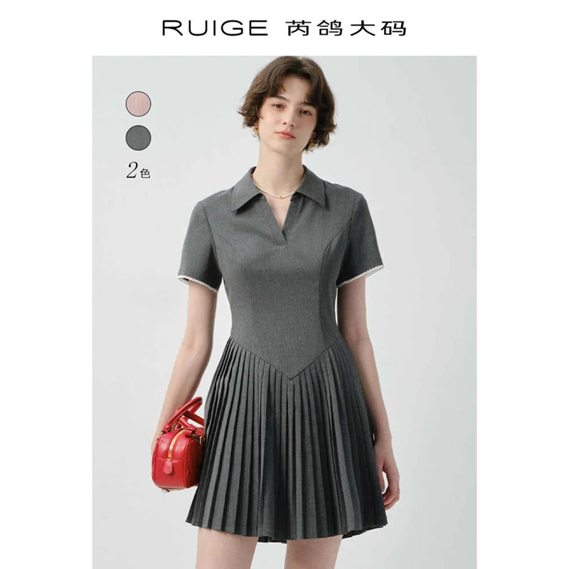 芮鸽微胖定制翻领polo连衣裙短裙百褶裙女新款夏季收腰胖mm裙子