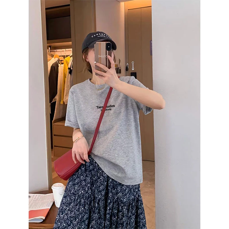2025新款正肩圆领短袖t恤女士设计感小众时尚百搭灰色上衣春夏季