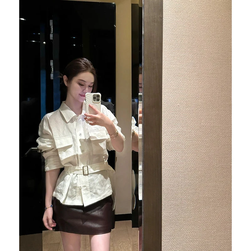 老钱风休闲百搭设计感极简长袖衬衫上衣高腰包臀显瘦半身裙套装女