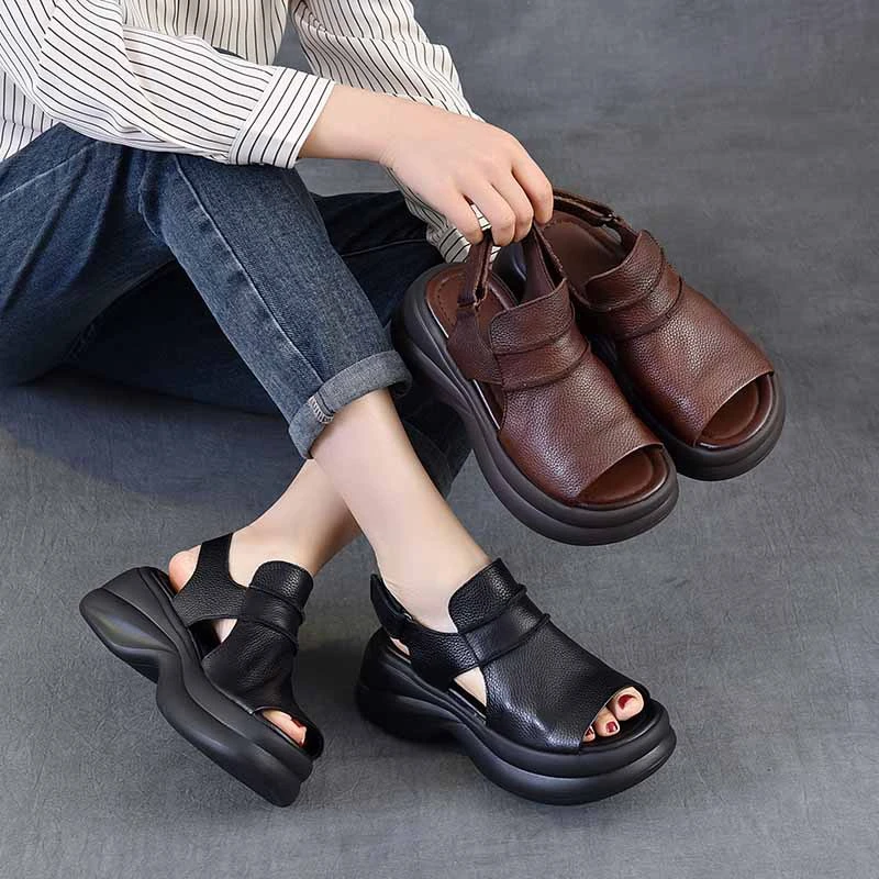 2025夏季新款松糕厚底鱼嘴凉鞋百搭休闲复古女式头层牛皮沙滩凉鞋