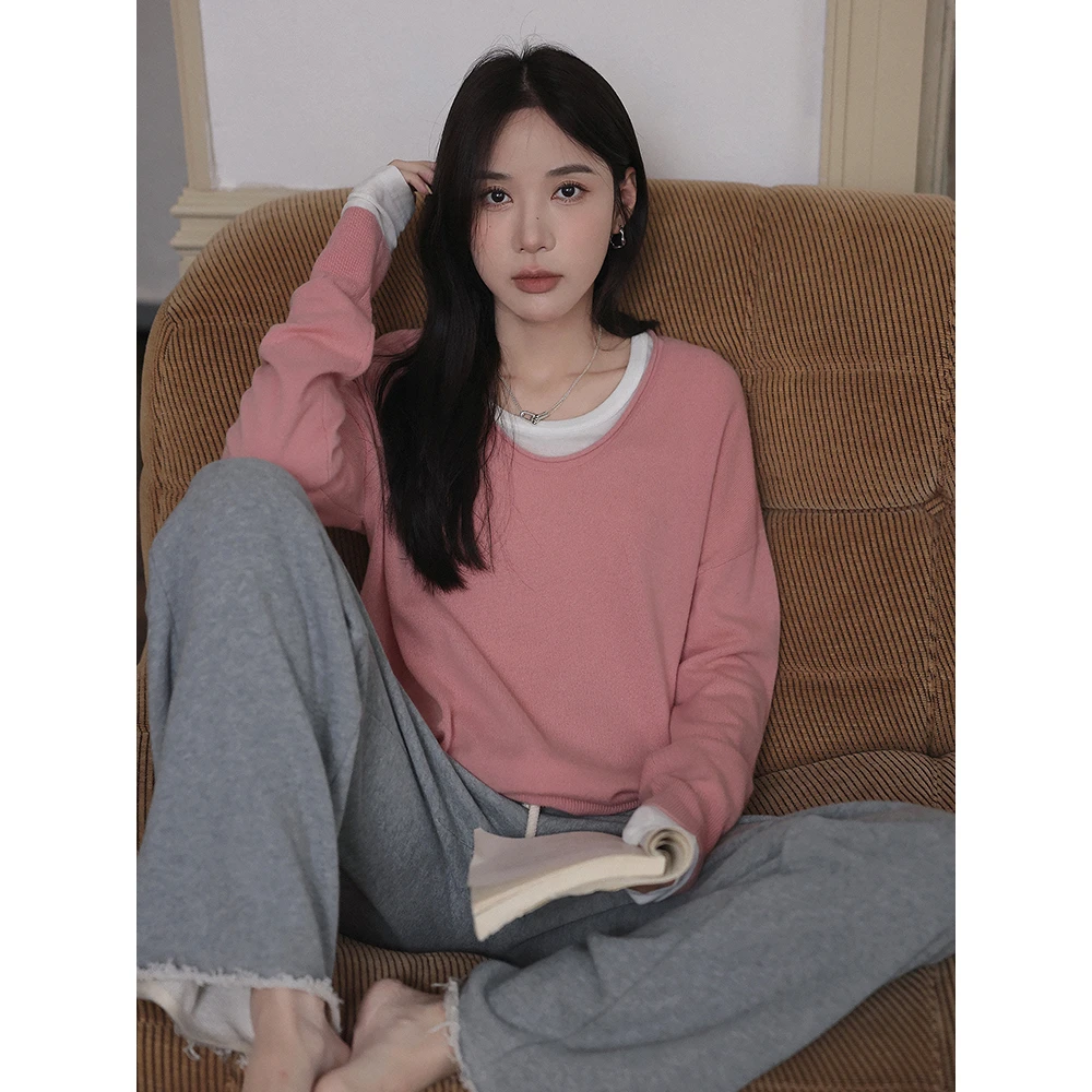 张贝贝 秋日美拉德 100绵羊毛 JI简卷边v领针织衫