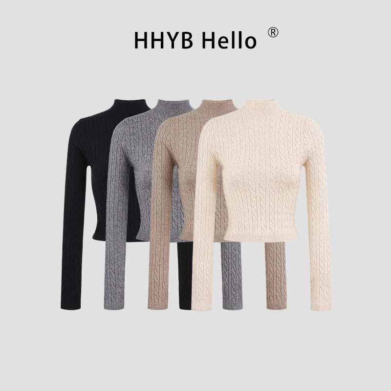HHYB Hello短款法式半高领长袖针织秋冬麻花编织纹路上衣M1499
